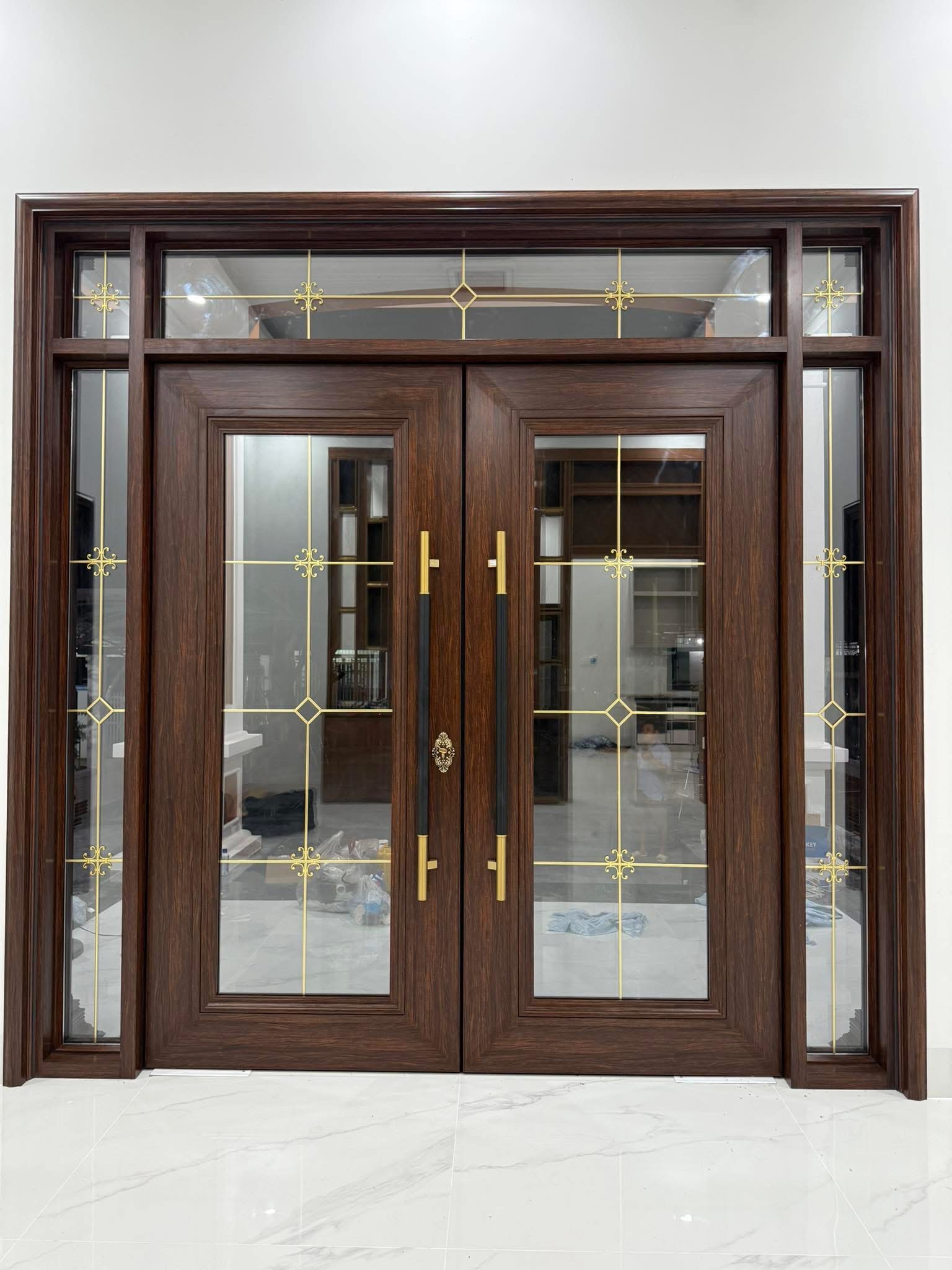 mẫu cửa nhôm thuỷ lực cao cấp màu vân gỗ